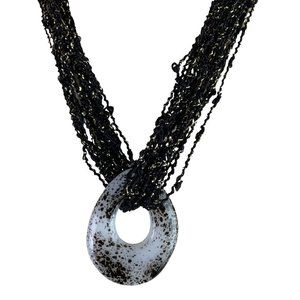 Fibrations 20" New Black Gold Thread Necklace with Glass Oval Pendant